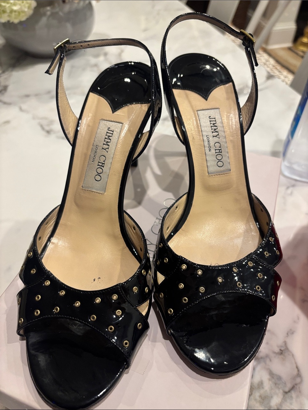 Authentic Jimmy Choo Black Patent Leather Studded Open-Toe Heels - Picture 4 of 6